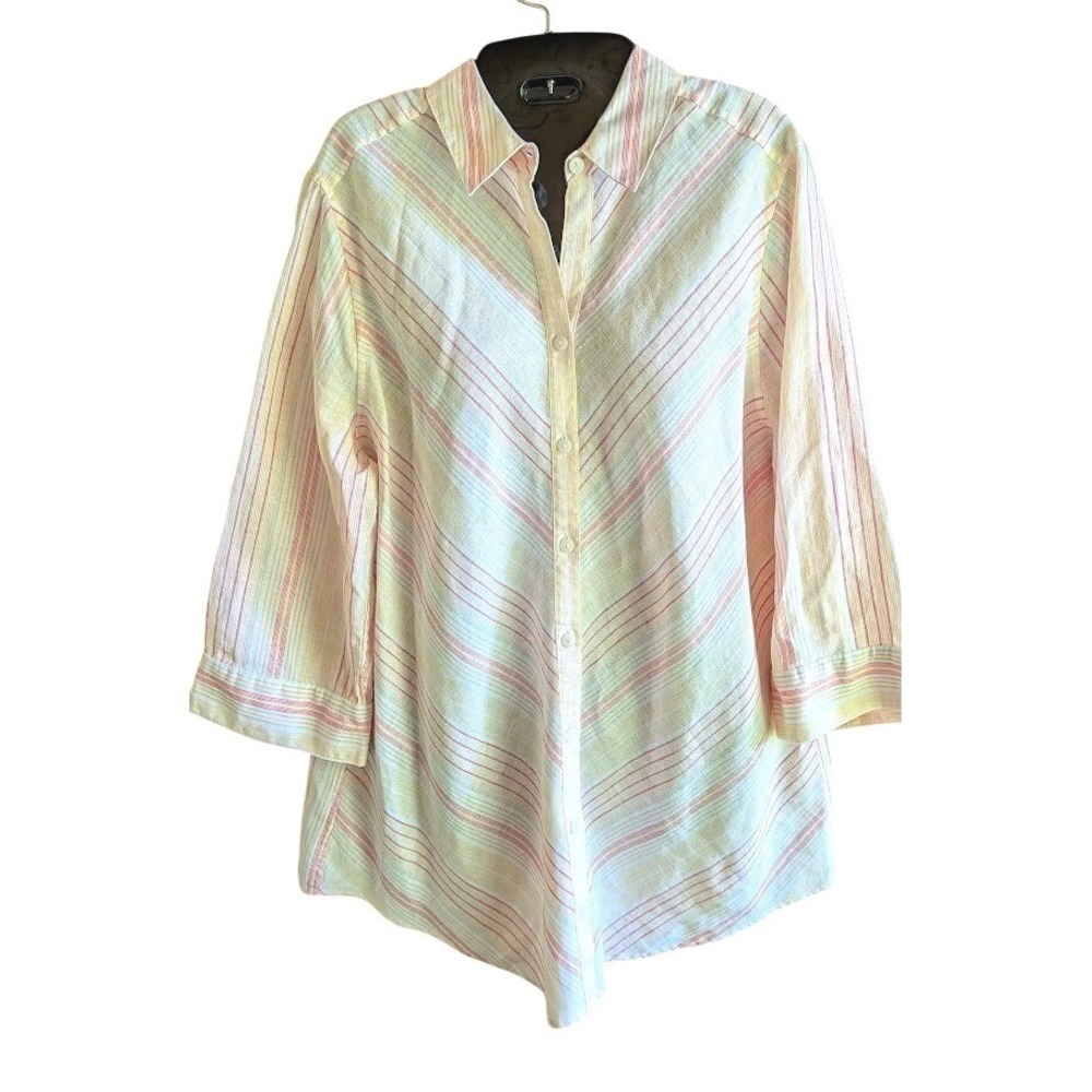 Chicos Womens Top Sz 2 L 100% Linen No Iron Wrinkle Resist Back Button Detail